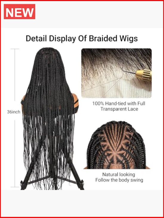 Full Lace Box Braided Wig Handmade Knotless Braids Synthetic Hair 36in main image 5